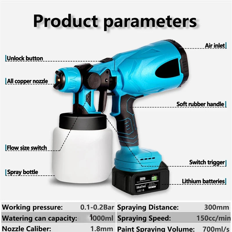 High-Power 1000ML Cordless Electric Spray Gun HVLP - Auto Furniture and Wall Paint Airbrush Compatible with Makita 18V Batteries - WooLyz